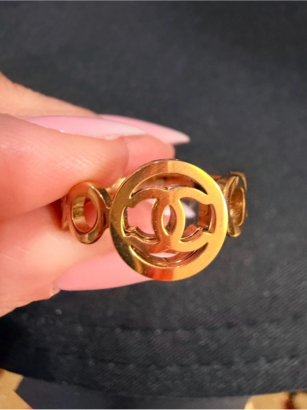 Gold Plated Stainless Steel Interlocking Logo Ring - Designer Style - Size 7.5